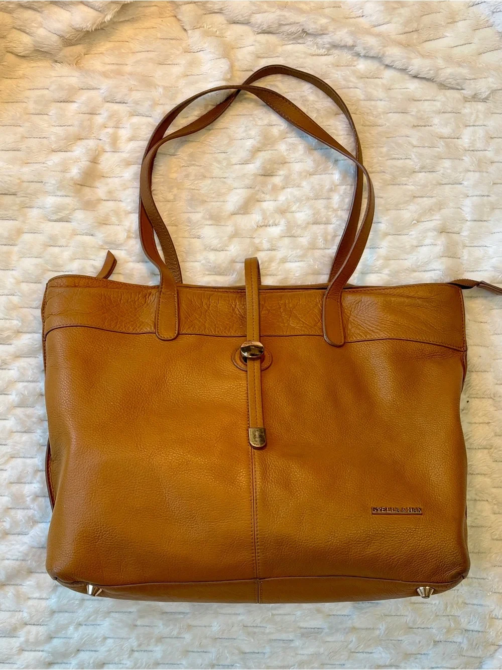 Stella & Max Tan Pebbled Leather Tote Bag Gold Hardware Structured Shoulder Bag